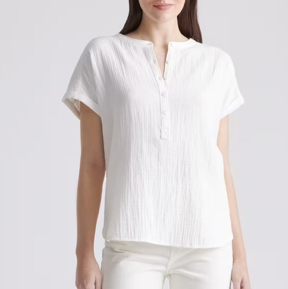 Quince White Organic Cotton Gauze Roll Sleeve Shirt (M)